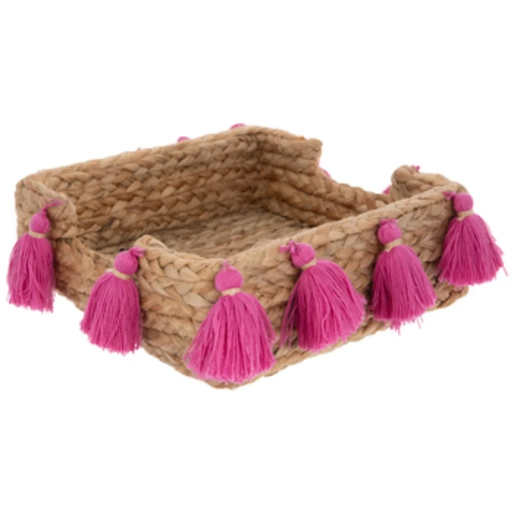Lot 3 Rattan Wicker Seagrass Napkin Basket Pink Tassels Boho - New